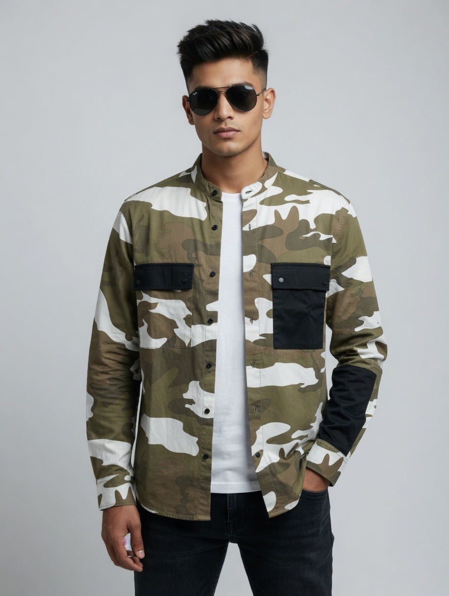 Olive Green Camouflage Chinese Collar Shirt