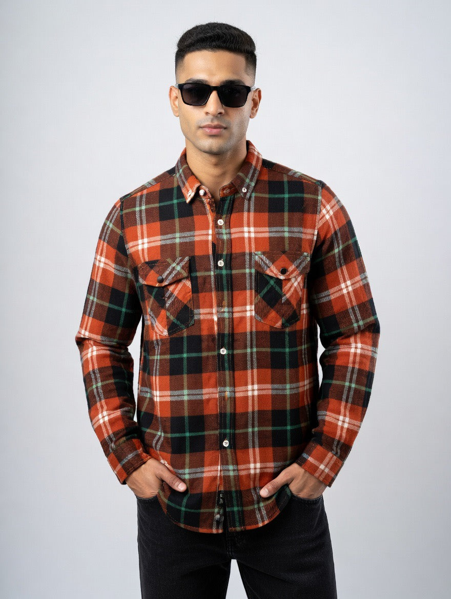 Premium Orange Green Black Plaid Flannel Shirt