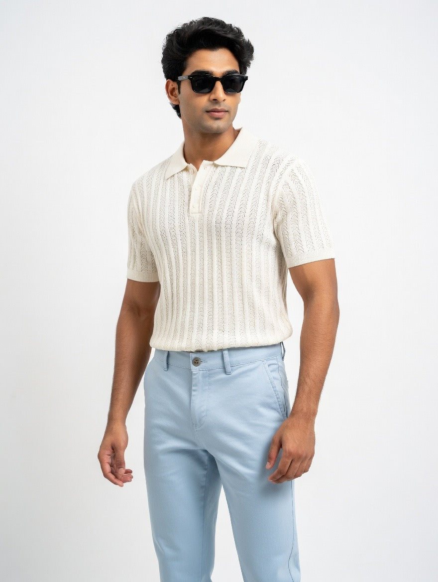 Open-Knit Cable Polo Shirt