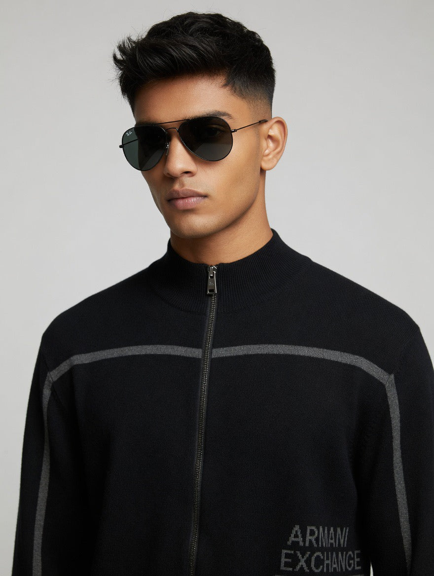 Contrast Stripe Zip-Up Neck Sweater
