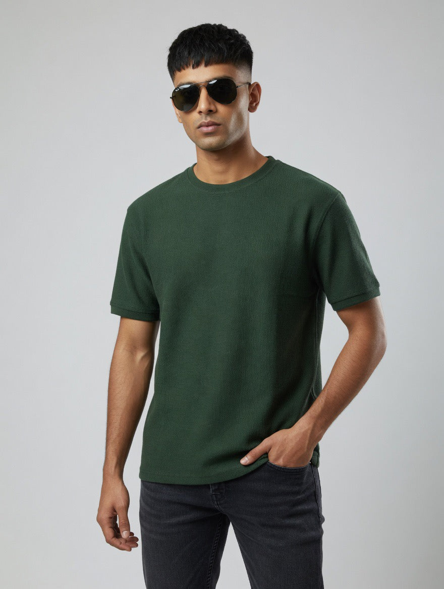 Knitted Honeycomb Round Neck T-Shirt