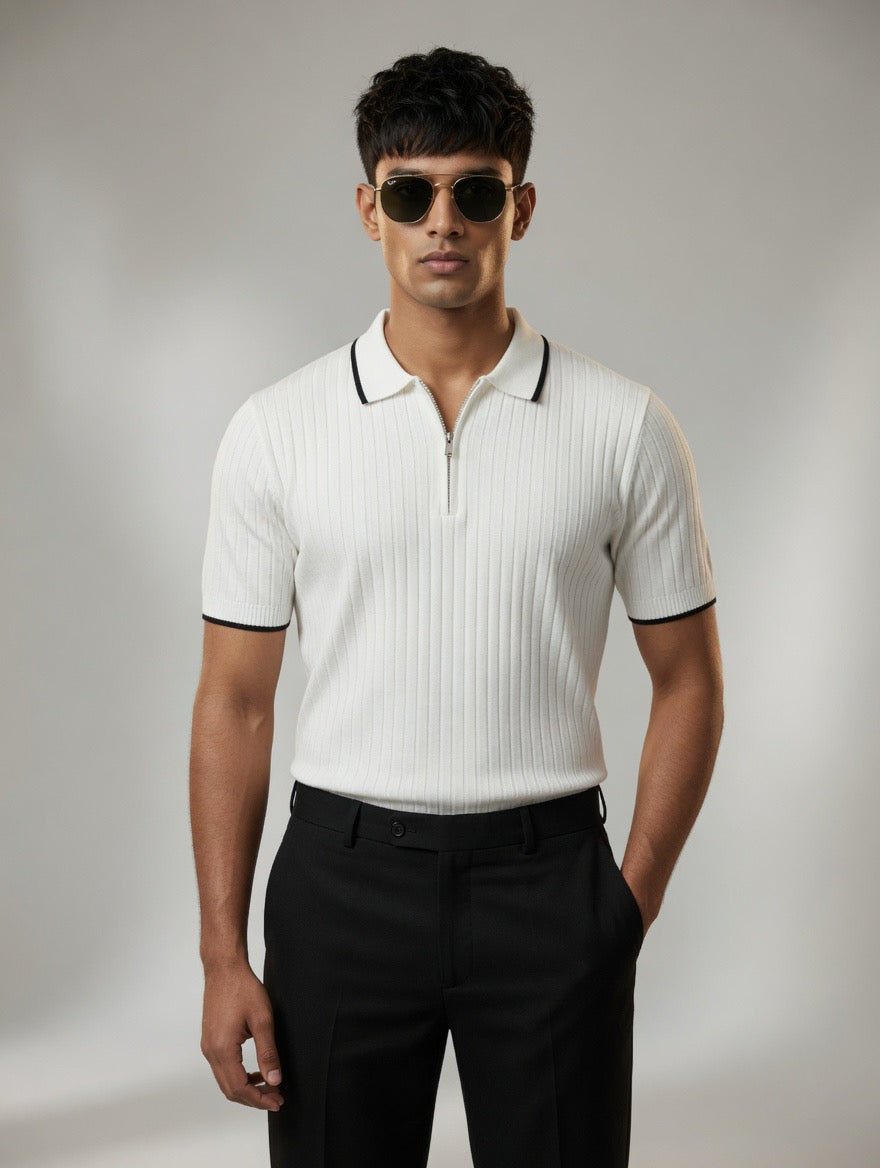 Ribbed Zip Polo Shirt