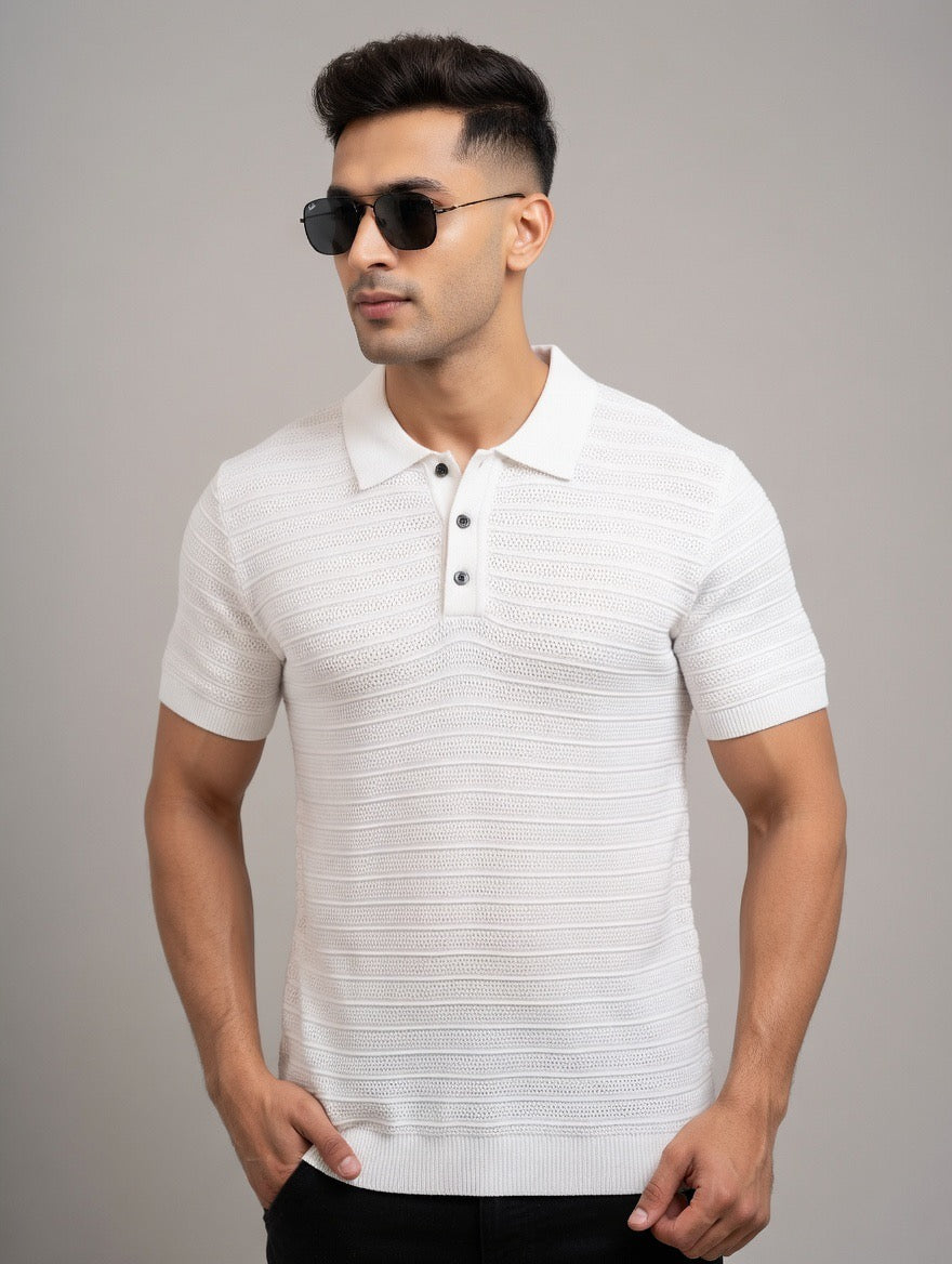 Textured Stripe Knit Polo Shirt |  Premium Knitwear