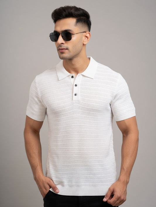 Textured Stripe Knit Polo Shirt |  Premium Knitwear