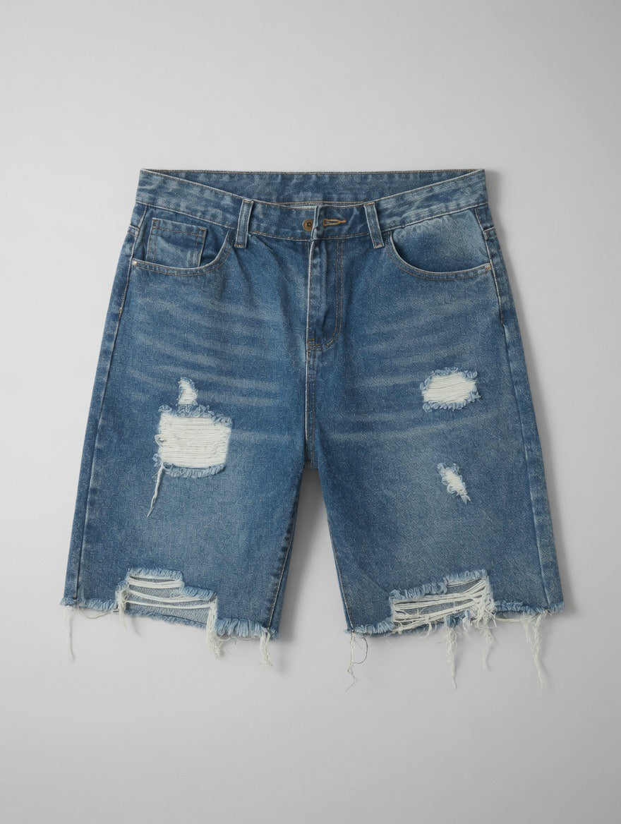 Heavily Distressed Denim Shorts — Light Blue