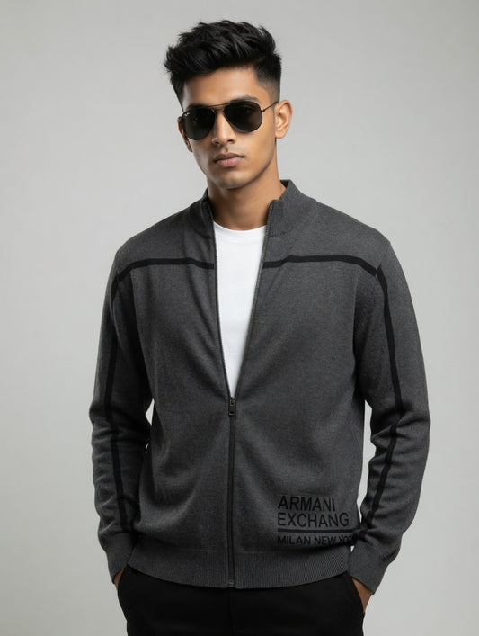 Contrast Stripe Zip-Up Neck Sweater