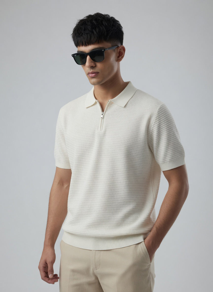Ribbed Zip-Up Polo Shirt