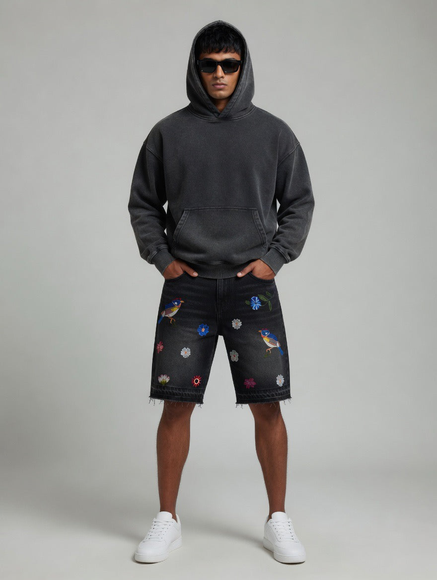 Embroidered Ripped Denim Shorts — Black