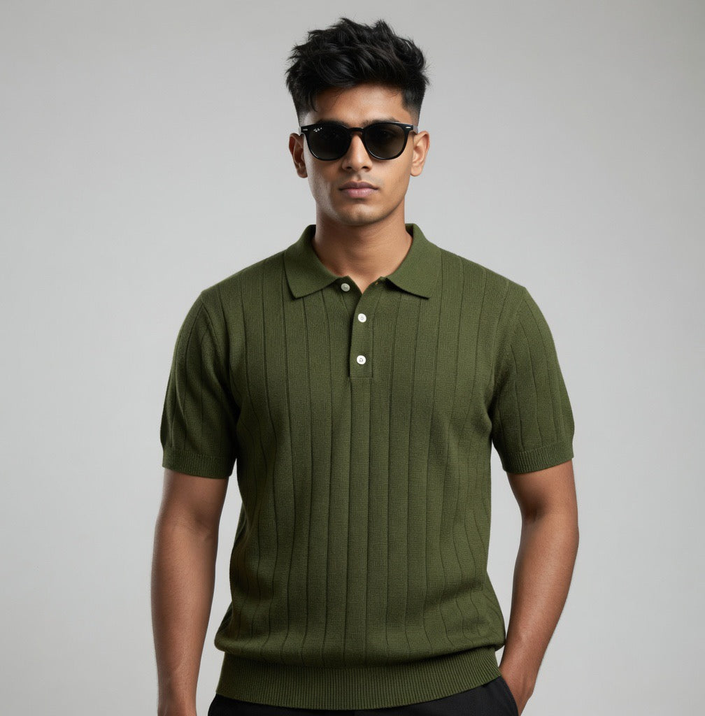 Ribbed Polo with Pleated Shoulders