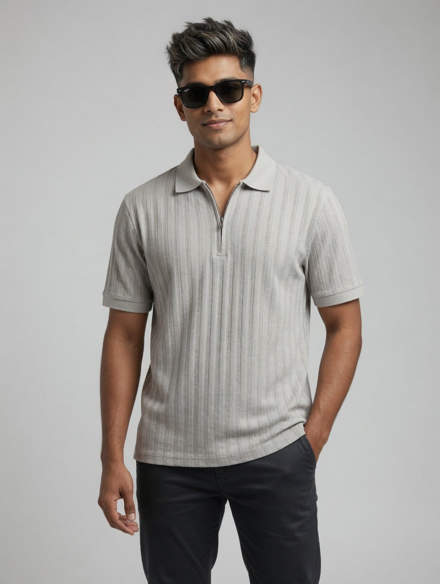 White Zip Rib Polo Shirt Cotton
