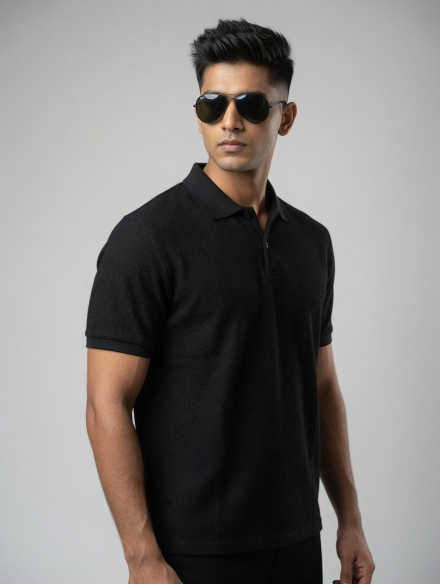Textured Ribbed Pure Cotton Polo Shirt