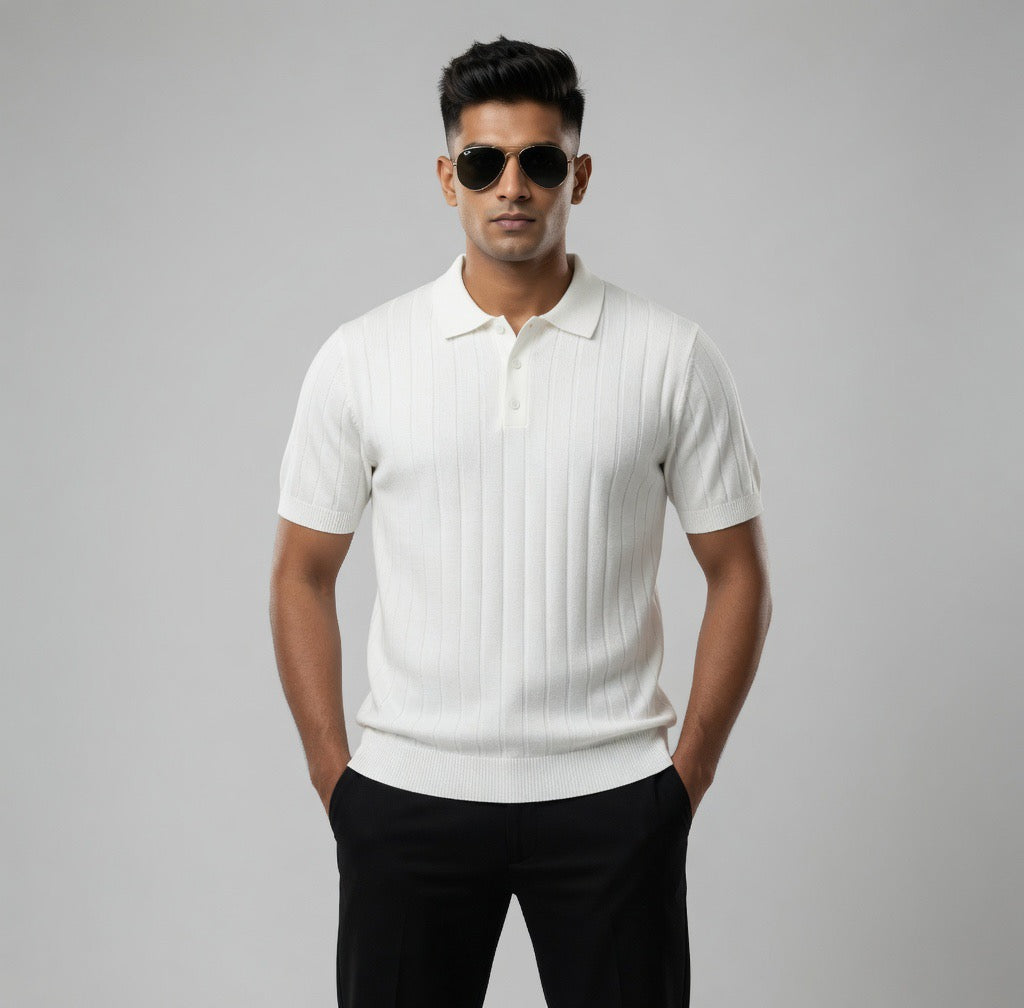 Ribbed Polo with Pleated Shoulders