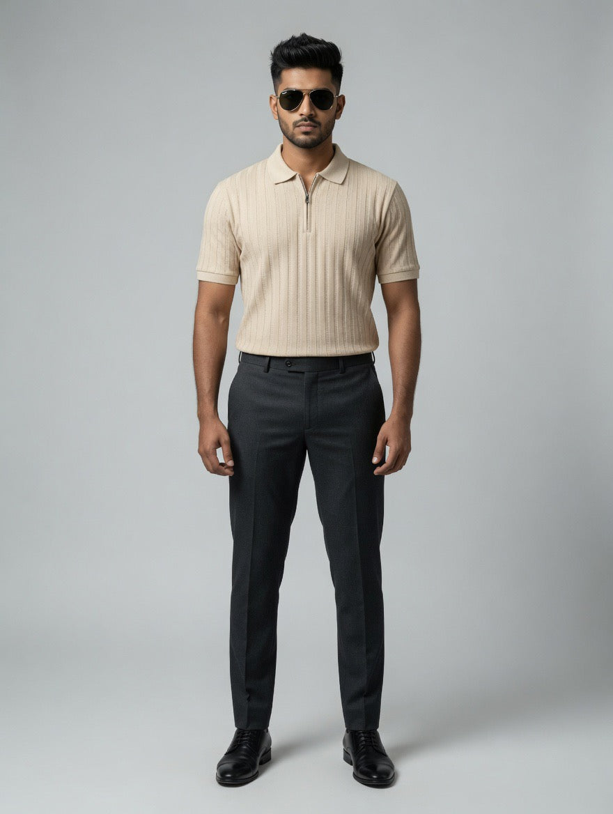 White Zip Rib Polo Shirt Cotton