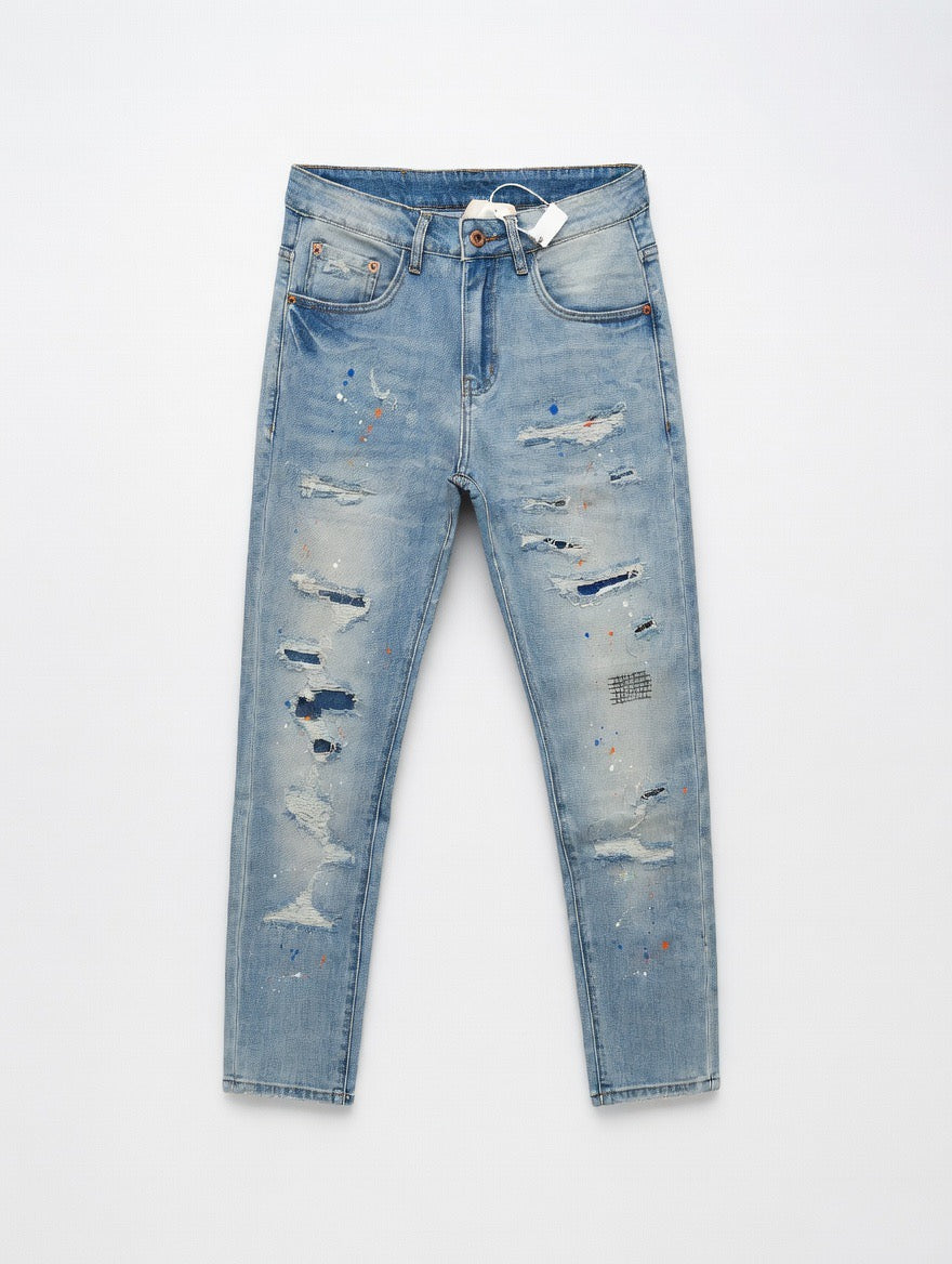 Destroyed Denim Jeans with Paint Accents