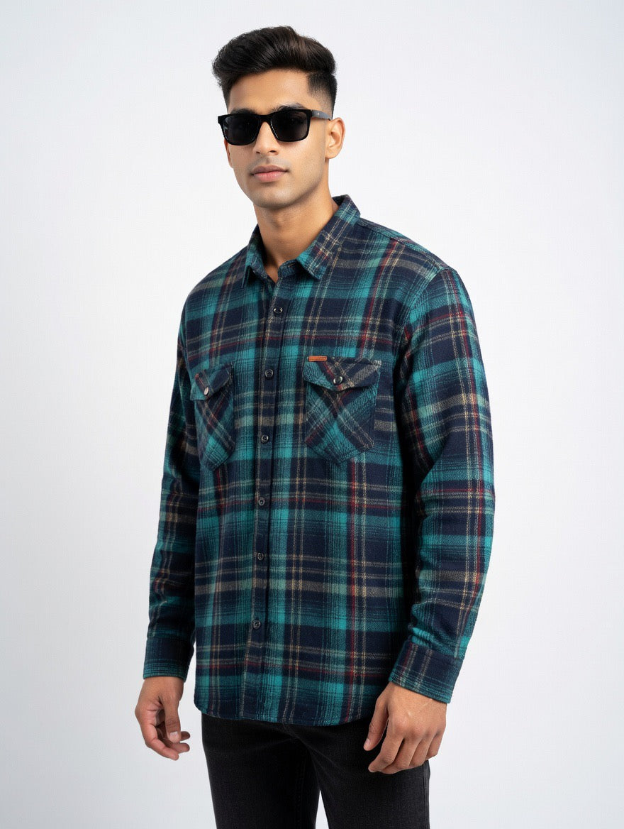 Men’s Teal Plaid Flannel Shirt | Premium Oversized Long Sleeve Button-Down Shirt