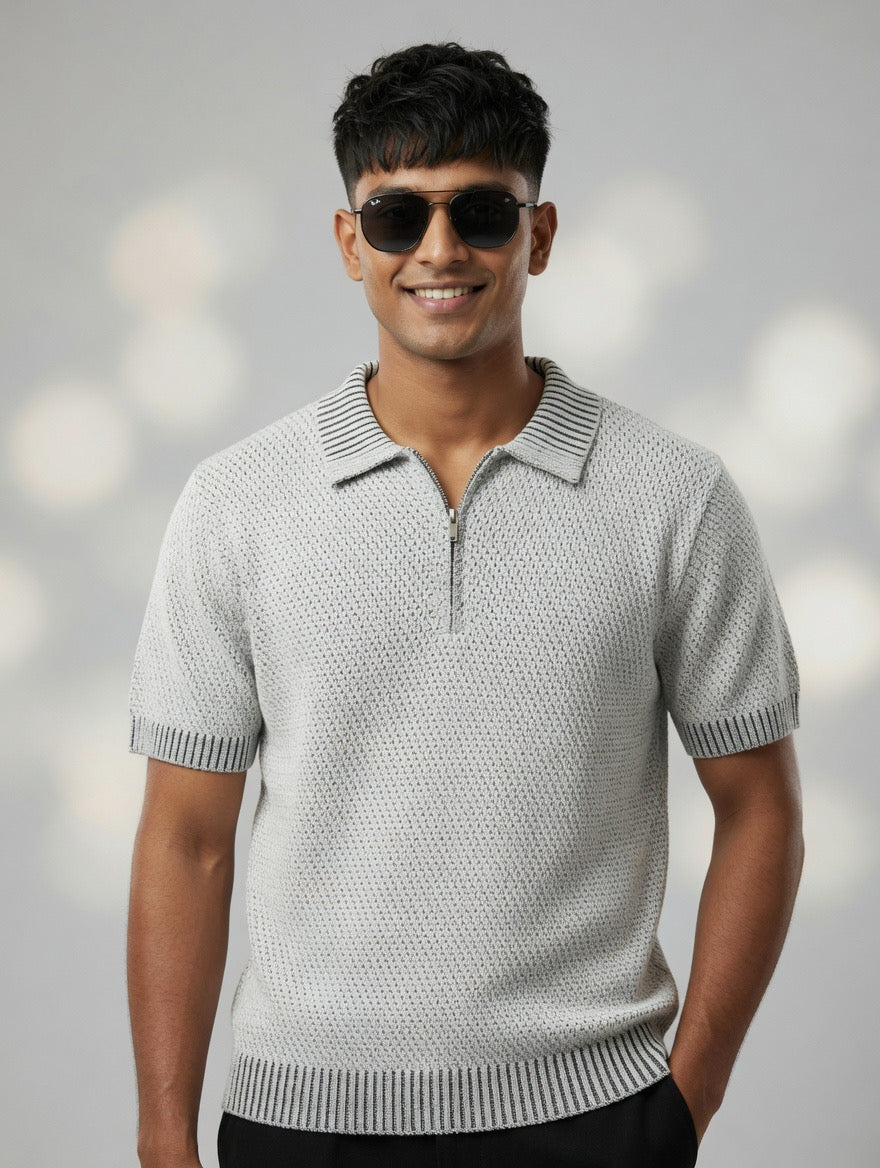 Waffle Zip Polo Knit Top