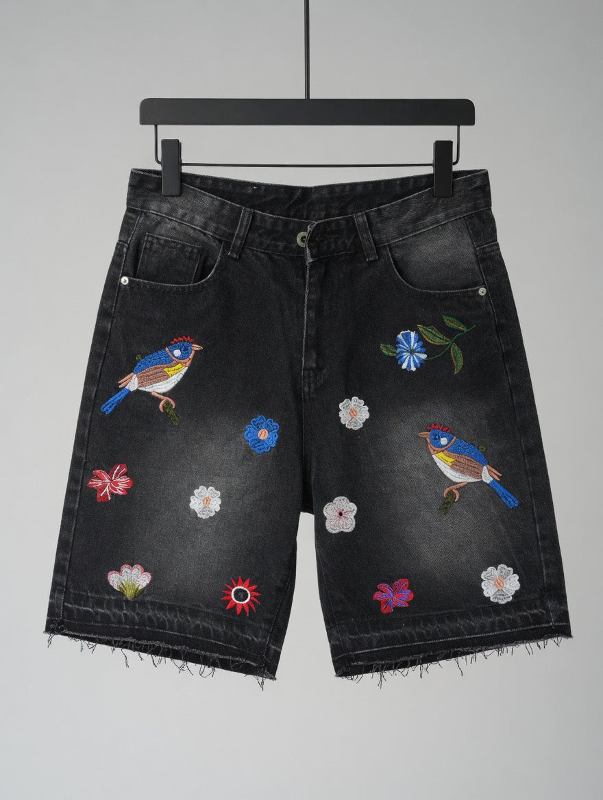 Embroidered Ripped Denim Shorts — Black
