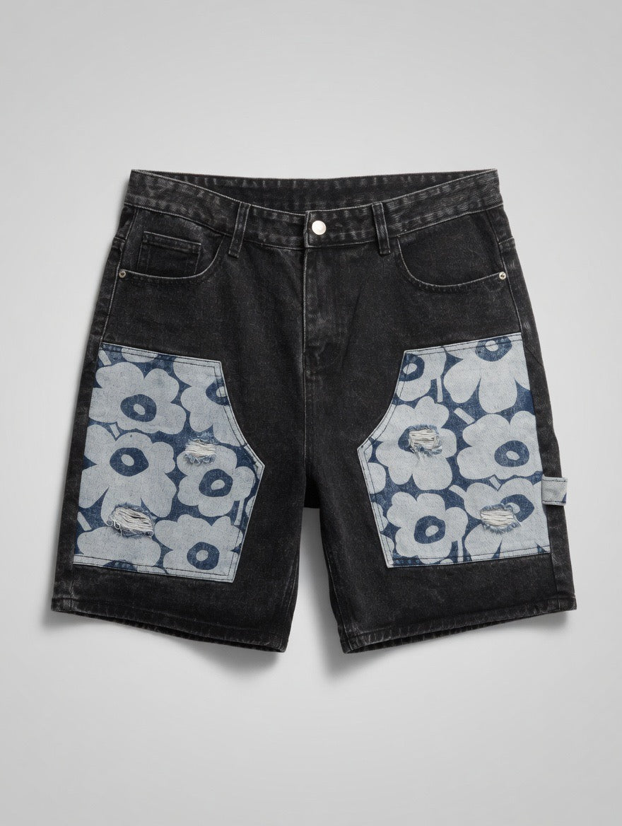 Floral Patch Denim Shorts — Black