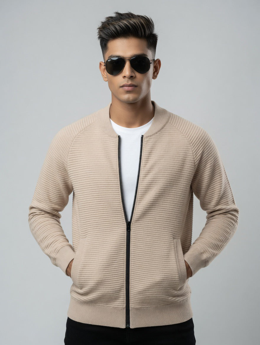 Ribbed Zip-Up Bomber Sweater