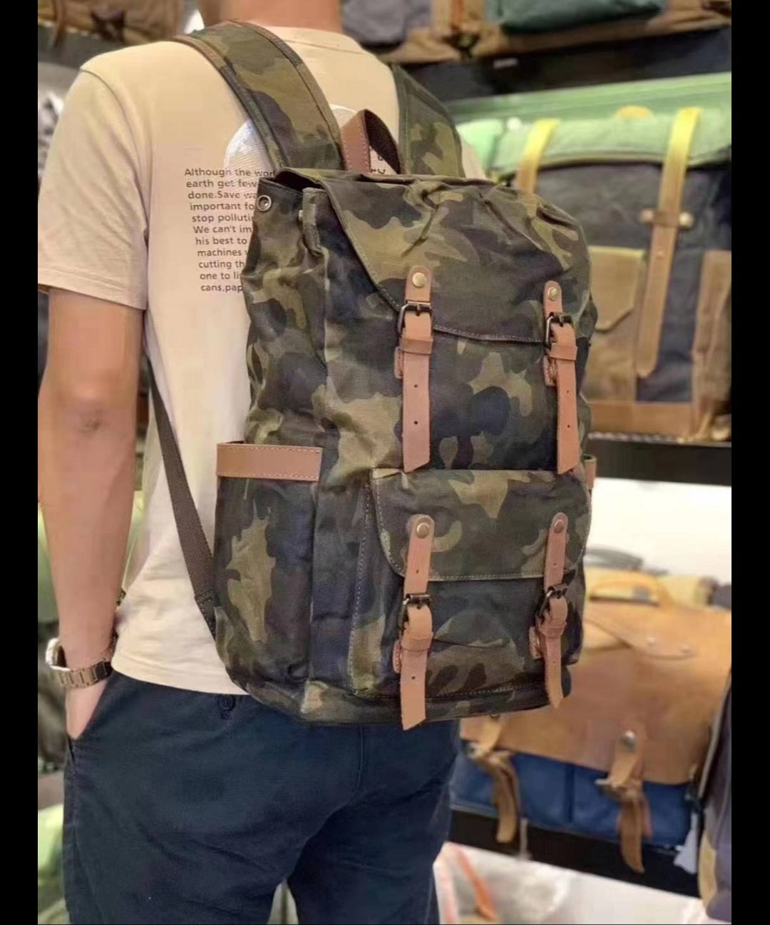 Camouflage Canvas and Leather Backpack